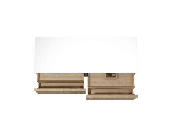 Balmani Forma hängendes Möbelstück Set: 150 x 55 cm, Naturbelassene Eiche, mit Stretto Einzel- oder Doppel Waschtischplatte, Solid Surface, Weiß matt, Vertikale symmetrische gerade Rippe