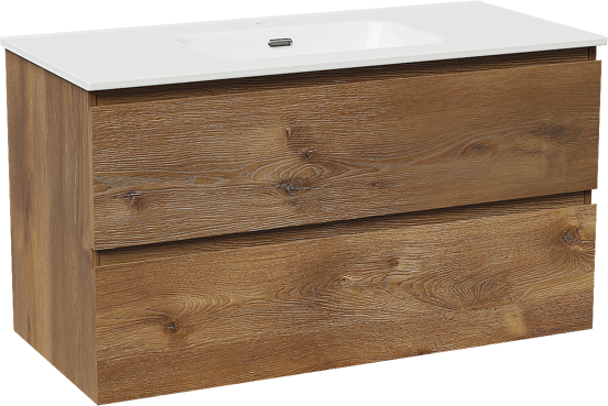 Linie Lado zwevend badmeubel 100 x 46 cm bruin eiken met Baro enkele wastafel in porselein hoogglans wit