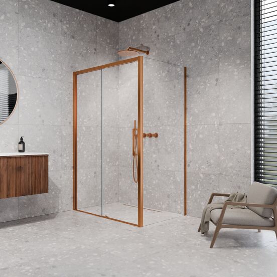Balmani Senses Design Eckdusche: Schiebetür (Links) mit fixierte Seitenwand, 140 x 100 cm, Klarglas, Profil Brushed Rosegold