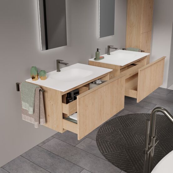 Balmani Forma zwevend badkamermeubel 90 x 55 cm natuur eik met Tablo Arcato enkele wastafel in solid surface mat wit, Verticale symmetrische rechte ribbel