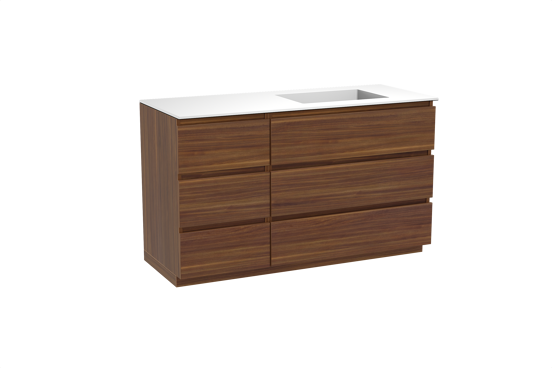 Balmani Lucida meuble salle de bains à poser 135 x 55 cm noyer américain avec Tablo Stretto vasque asymétrique droite en solid surface blanc mat