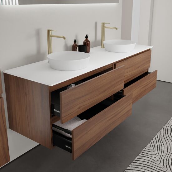 Balmani Lucida hängendes Möbelstück Set: 180 x 55 cm, Amerikanischer Nussbaum, mit Stretto Einzel- oder Doppel Waschtischplatte, Solid Surface Weiß matt