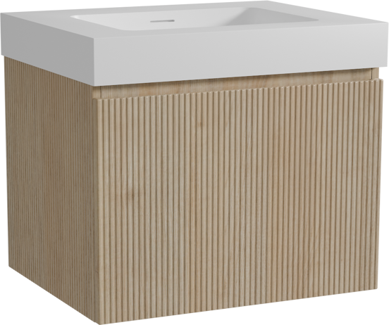 Storke Ribs hängendes Möbelstück Set: 65 x 52 cm, Rohe Eiche, mit Mata High Einzelwaschtisch, Solid Surface, Weiß matt, Vertikale symmetrische gerade Rippe