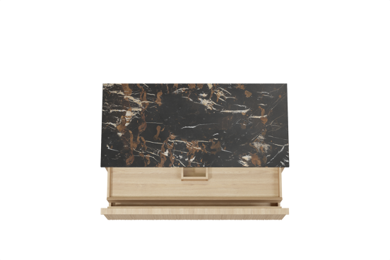 Balmani Forma hängendes Möbelstück Set: 120 x 55 cm, Naturbelassene Eiche, mit Stretto Einzel Waschtischplatte, Marmor, Portoro Gold, Vertikale asymmetrische Runde Rippe