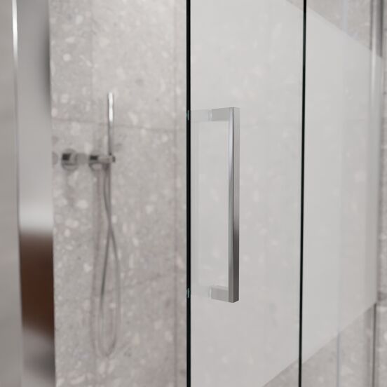 Balmani Senses Design douche d'angle avec porte coulissante à droite et paroi latérale fixe, 120 x 90 cm, Verre transparent avec bande mate, Profil Chrome brillant, coating inclus
