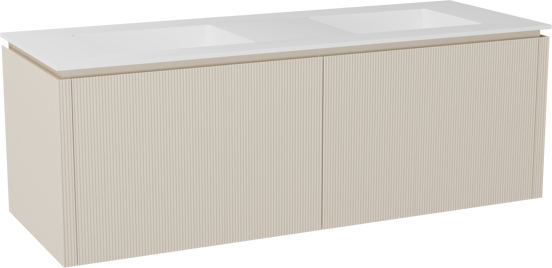 Balmani Eclips zwevend badkamermeubel 150 x 55 cm Sandbeige met Tablo Stretto dubbele wastafel in Solid Surface mat wit, Verticale symmetrische rechte ribbel