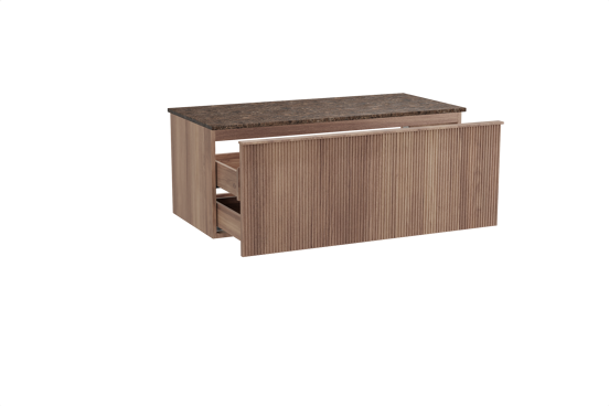 Balmani Forma zwevend badkamermeubel 120 x 55 cm teak met Stretto enkel of dubbel tablet in marmer dark emperador, Verticale symmetrische rechte ribbel