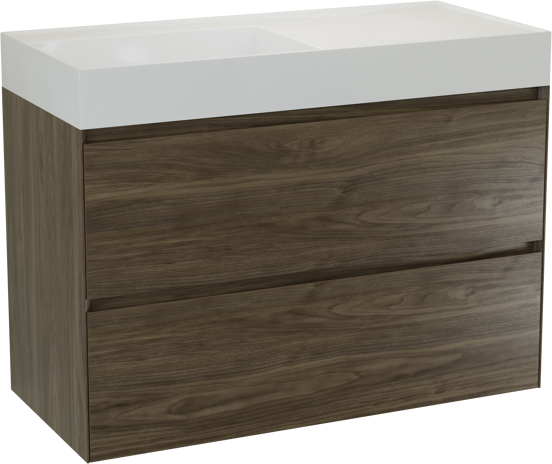 Balmani Mitra Compact meuble salle de bains suspendu 80 x 46 cm Noyer américain avec Argila vasque asymétrique droite en marbre composite blanc brillant