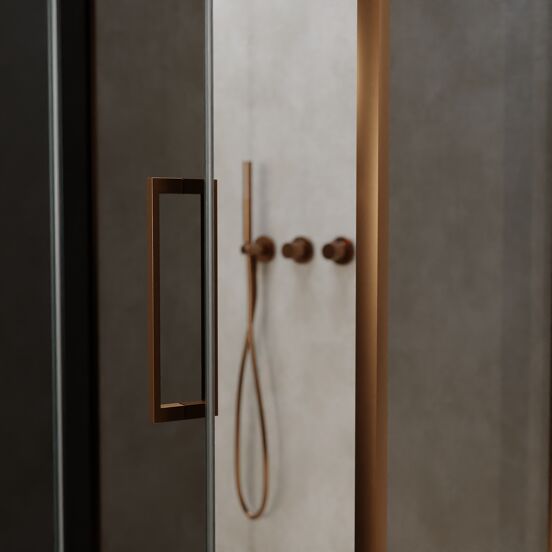 Balmani Senses Design douchehoek met linkse draaideur en vaste zijwand, 100 x 100 cm, Rookglas, Brushed Rosegold profielen, met coating
