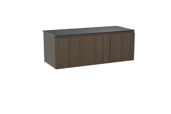 Balmani Sfera hängendes Möbelstück Set: 135 x 55 cm, Eucalyptus, mit Stretto Einzel- oder Doppel Waschtischplatte, Schwarzes Granit