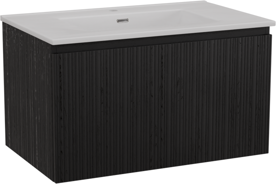 Storke Ribs meuble salle de bains suspendu 85 x 52 cm chêne noir avec Kera plan simple en céramique blanc brillant