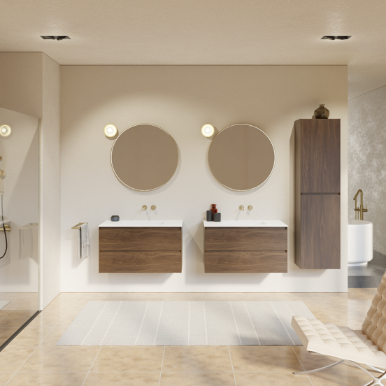 Balmani Mitra meuble salle de bains suspendu 90 x 55 cm noyer américain avec Tablo Stretto plan simple en solid surface blanc mat