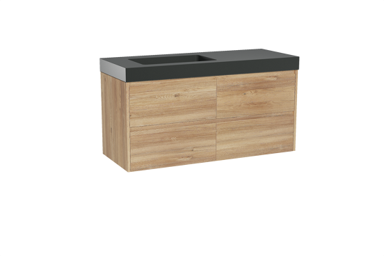 Storke Seda hängendes Möbelstück Set: 130 x 52 cm, Rohe Eiche, mit Scuro High Waschtisch links, Quarz Schwarz matt