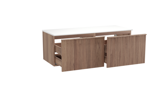 Balmani Forma hängendes Möbelstück Set: 135 x 55 cm, Teak, mit Stretto Einzel- oder Doppel Waschtischplatte, Solid Surface, Weiß matt, Vertikale symmetrische gerade Rippe