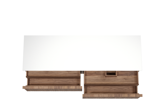 Balmani Forma hängendes Möbelstück Set: 180 x 55 cm, Amerikanischer Nussbaum, mit Stretto Einzel- oder Doppel Waschtischplatte, Solid Surface, Weiß matt, Vertikale asymmetrische Runde Rippe