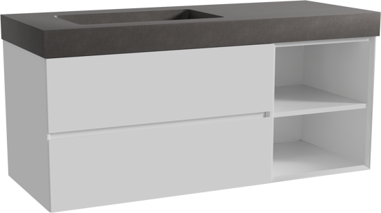 Storke Edge zwevend badmeubel 130 x 52 cm hoogglans wit met Scuro High asymmetrisch linkse wastafel in kwarts mat zwart