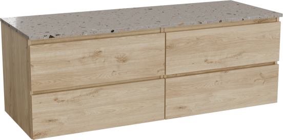 Balmani Lucida zwevend badkamermeubel 150 x 55 cm ruwe eik met Stretto enkel of dubbel tablet in terrazzo greige terrazzo