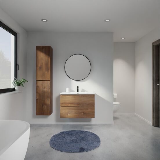 Linie Lado meuble salle de bains suspendu 80 x 46 cm chêne brun avec Baro plan simple en porcelaine blanc brillant