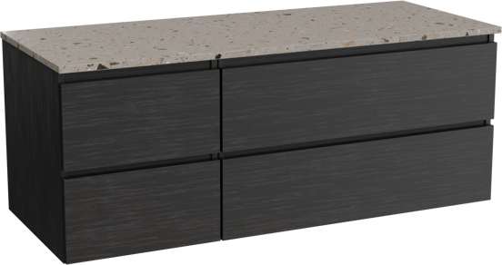 Balmani Lucida zwevend badkamermeubel 135 x 55 cm zwarte eik met Stretto enkel of dubbel tablet in terrazzo greige terrazzo