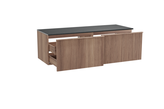 Balmani Forma hängendes Möbelstück Set: 150 x 55 cm, Teak, mit Stretto Einzel- oder Doppel Waschtischplatte, Granit, Schwarzes Granit, Vertikale symmetrische gerade Rippe