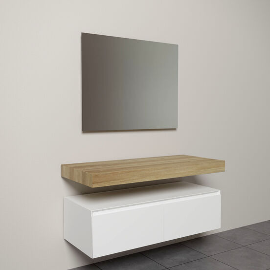 Storke Edge Modulo meuble salle de bains suspendu 120 x 52 cm blanc mat avec Kada tablette simple ou double teck rustique hpl et Soto miroir