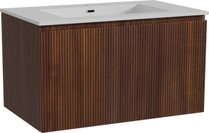 Storke Ribs meuble salle de bains suspendu 85 x 52 cm noyer avec Diva plan simple en marbre composite blanc brillant, Nervure droite symétrique verticale