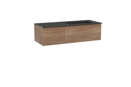 Storke Edge zwevend badkamermeubel 130 x 52 cm ruwe eik met Scuro asymmetrisch rechtse wastafel in kwarts mat zwart