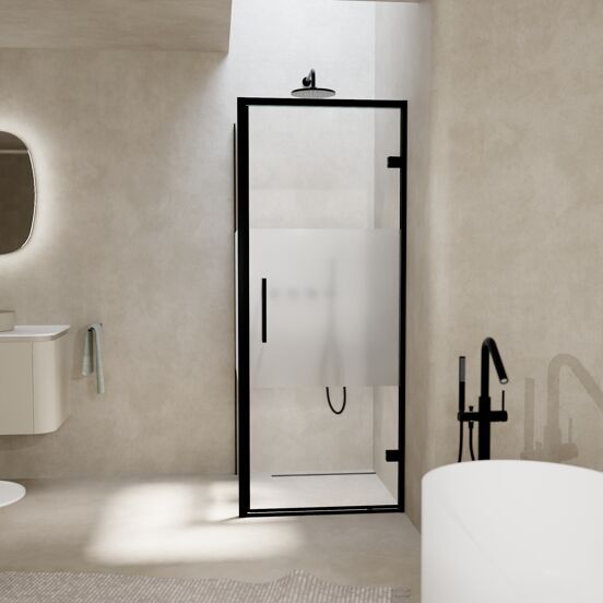 Balmani Senses Design douchecabine met rechtse draaideur en vaste zijwand, 90 x 80 cm, Helder glas met matte strook, Zwarte profielen