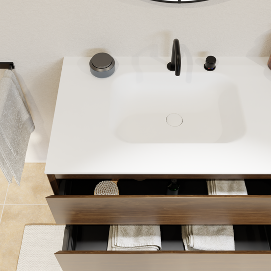 Balmani Mitra meuble salle de bains suspendu 135 x 55 cm noyer américain avec Tablo Arcato vasque asymétrique droite en solid surface blanc mat