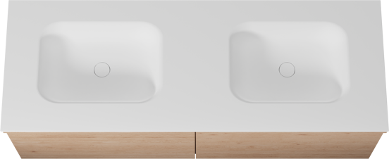 Balmani Forma hängendes Möbelstück Set: 150 x 55 cm, Naturbelassene Eiche, mit Tablo Arcato Doppelwaschtisch, Solid Surface, Weiß matt, Horizontale symmetrische gerade Rippe