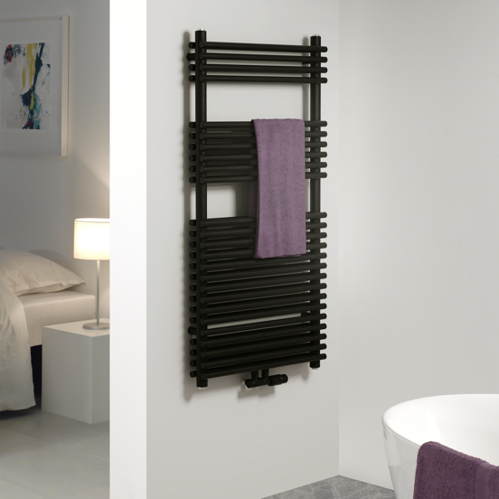Vipera Alegria dubbele handdoekradiator 50 x 100 cm centrale verwarming mat zwart zij- en middenaansluiting 850W