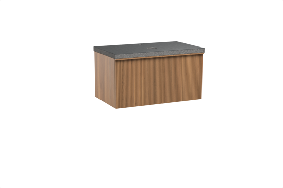 Balmani Forma hängendes Möbelstück Set: 90 x 55 cm, Teak, mit Rock Einzel Waschtischplatte, Granit, Schwarzes Granit, Vertikale symmetrische gerade Rippe