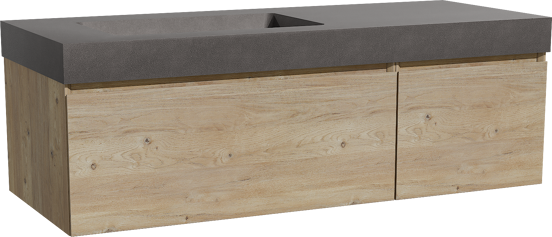 Storke Edge zwevend badkamermeubel 130 x 52 cm ruwe eik met Scuro High asymmetrisch linkse wastafel in kwarts mat zwart