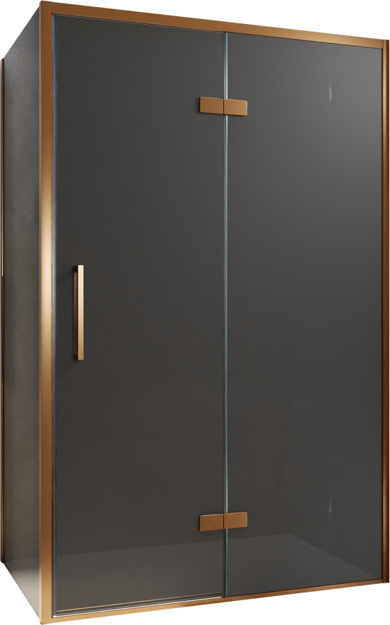 Balmani Senses Design douchecabine met rechtse draaideur en vaste zijwand, 120 x 100 cm, Rookglas, Brushed Rosegold profielen, met coating