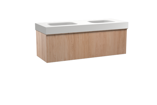 Balmani Forma zwevend badkamermeubel 150 x 55 cm natuur eik met Arcato dubbele wastafel in solid surface mat wit, Verticale symmetrische rechte ribbel