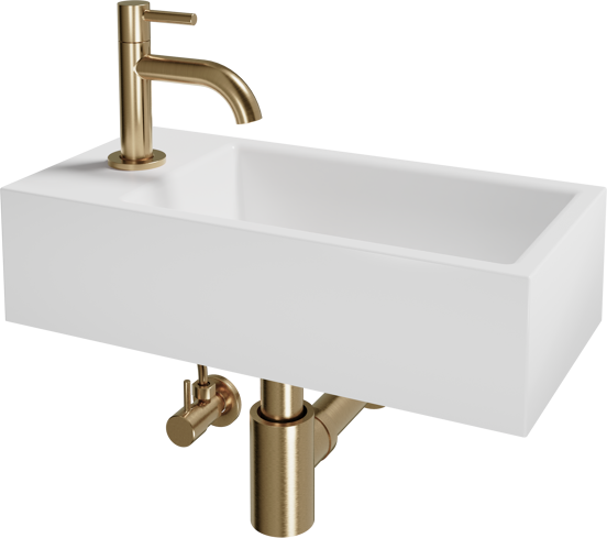 Luca Varess Cubic Handwaschbecken, Keramik weiß glänzend, 40,5 x 20 cm, Links, inklusive Rose Gold Wasserhahn und Zubehör