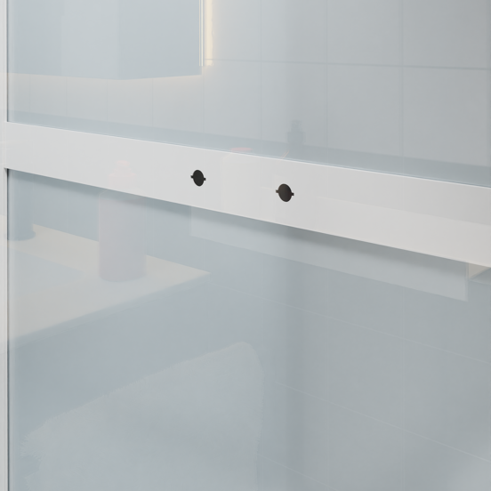 Luca Varess Talan cabine de douche avec portes coulissantes 80 x 80 cm verre transparent avec bande mate rayée profil blanc brillant