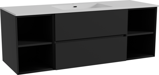 Storke Edge meuble salle de bains suspendu 145 x 52 cm noir mat avec Diva plan simple en marbre composite blanc brillant
