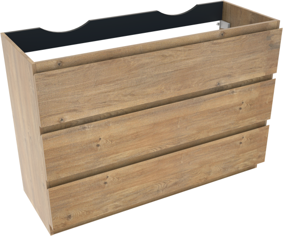 Linie Lado stehender Waschbeckenunterschrank: 120 x 46 cm, Eiche Natur, 3 Schubladen, 2 Siphonaussparungen