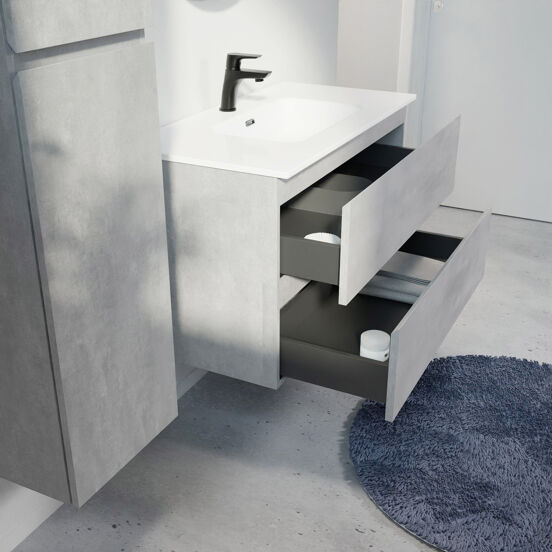 Linie Lado meuble salle de bains suspendu 90 x 46 cm béton gris foncé avec Baro plan simple en porcelaine blanc brillant