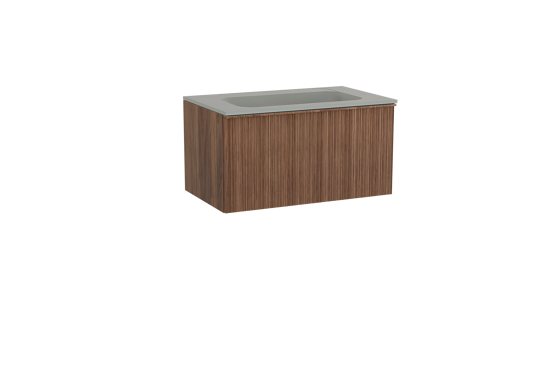 Balmani Forma zwevend badkamermeubel 90 x 55 cm amerikaanse notelaar met Tablo Strada enkele wastafel in composietmarmer zijdegrijs, Verticale asymmetrische ronde ribbel