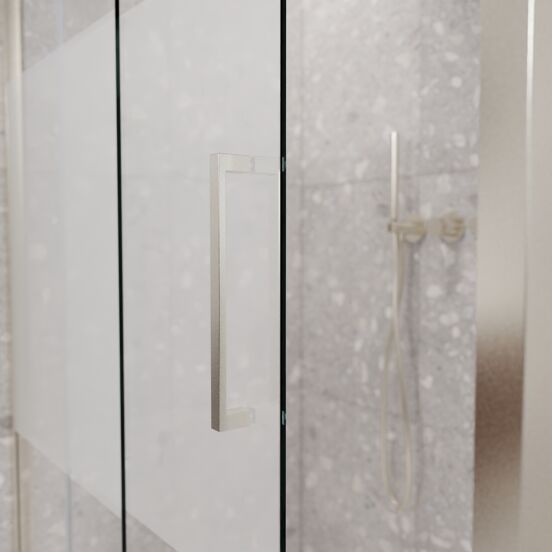 Balmani Senses Design douchehoek met linkse schuifdeur en vaste zijwand, 120 x 90 cm, Helder glas met matte strook, Brushed CoolMetal profielen, met coating