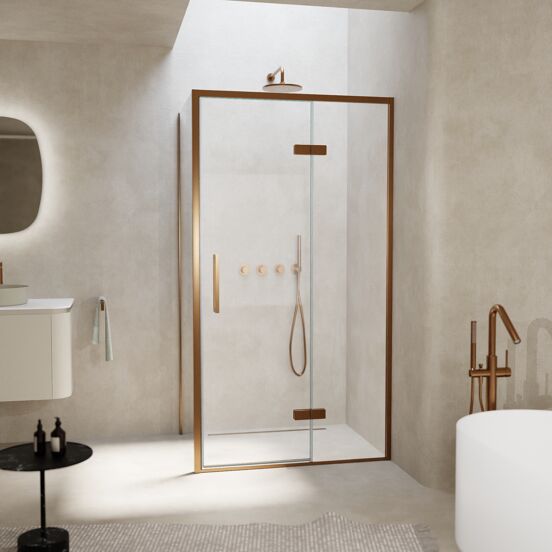 Balmani Senses Design douchecabine met rechtse draaideur en vaste zijwand, 100 x 90 cm, Helder glas, Brushed Rosegold profielen