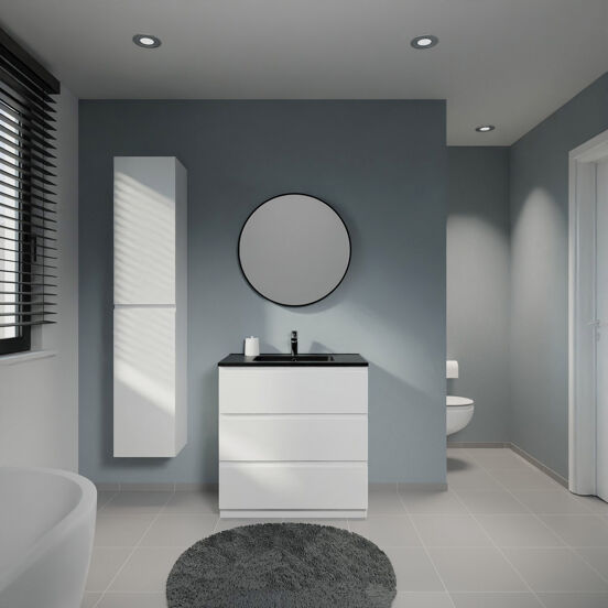 Linie Lado meuble salle de bains à poser 80 x 46 cm blanc mat avec Vano plan simple en marbre composite noir mat
