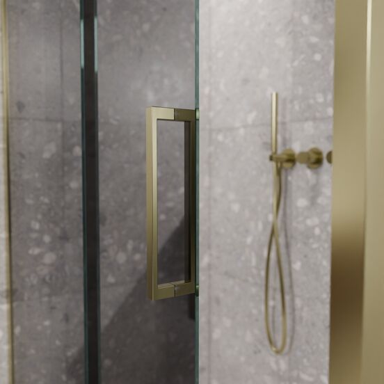 Balmani Senses Design douchehoek met linkse schuifdeur en vaste zijwand, 160 x 100 cm, Reflex spiegelglas, Brushed Champagne Gold profielen