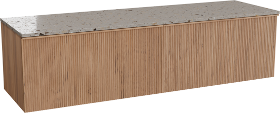 Balmani Forma hängendes Möbelstück Set: 180 x 55 cm, Teak, mit Stretto Einzel- oder Doppel Waschtischplatte, Terrazzo in Greige, Vertikale symmetrische gerade Rippe