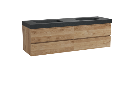 Balmani Lucida zwevend badkamermeubel 180 x 55 cm ruwe eik met Napoli dubbele wastafel in graniet zwart