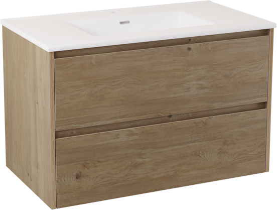 Storke Seda meuble salle de bains suspendu 95 x 52 cm chêne brut avec Kera double vasque en céramique blanc mat, bonde incluse