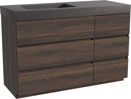 Storke Edge staand badkamermeubel 130 x 52 cm notelaar met Scuro High asymmetrisch linkse wastafel in kwarts mat zwart