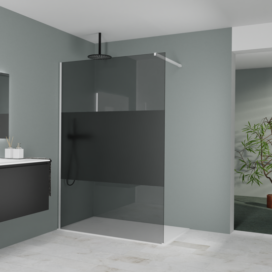 Balmani Modular inloopdouche: 140 x 200 cm, Rookglas met matte strook met coating, Mat witte profielen